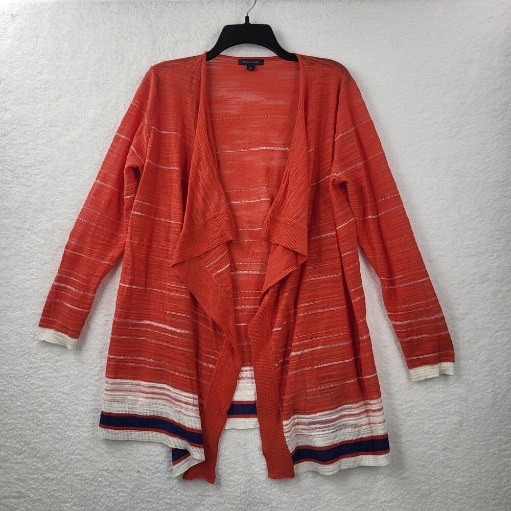 🩵TOMMY HILFIGER womens L orange with blue white stripe open front cardigan